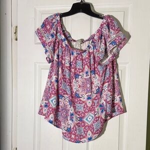 belle sky Pink and Blue Patterned Boho Peasant Top
